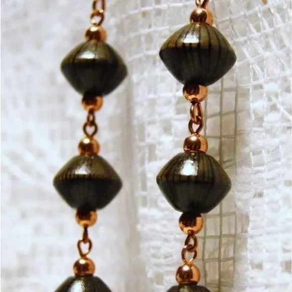 Handmade Striped Wooden Bead & Copper Dangle Earrings - Picture 2 of 5